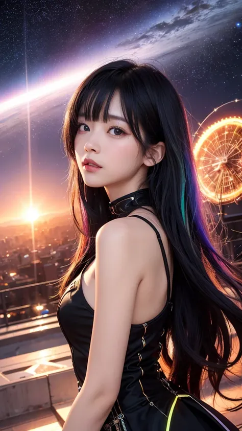 floating in space、whole body、reach out, highest quality, Highly detailed CG integrated 8k wallpaper, movie lighting, Lens flare, beautiful detail eyes, black,  Side view,  multicolored hair, Rich and colorful light, particle, 16 years old、girl、laugh fearle...