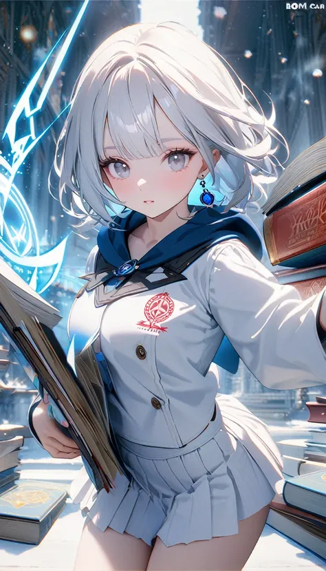 1girl,albino,snow white hair,white eyes,,white blazer with logo ,high waisted white skirt,perfect body, books,calm,white fluffy beanie,blue earrings,8k,high definition ,magic spell in the background forming a spiritual symbol,