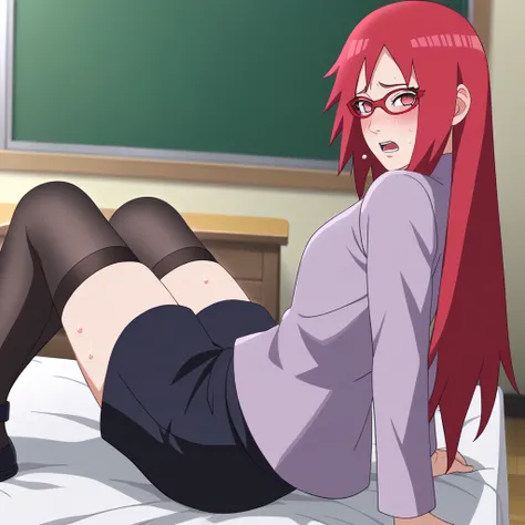 Red hair, 1 Girl, Glasses, Long hair, Red Eyes, Solitary, Long gown, Black over-the-knee stockings, Black shorts, Umbilical cord, Looking at the audience，No students, Japanese cartoons screencap, Japanese cartoons coloring,src_Japanese cartoons,Naruto (ser...