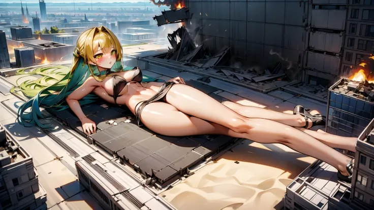 Giantess, long sexy legs, yellow hair, bikini,lying on top of destroyed buildings, city at her feet burns in flames for the destruction she has caused, tiny people climb on her body to try to defeat her uselessly. Giantess, goddess, macrophilia, curvaceous...