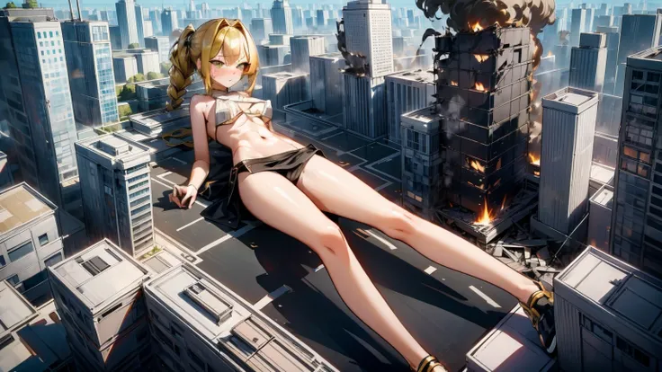 Giantess, long sexy legs, yellow hair, bikini,lying on top of destroyed buildings, city at her feet burns in flames for the destruction she has caused, tiny people climb on her body to try to defeat her uselessly. Giantess, goddess, macrophilia, curvaceous...