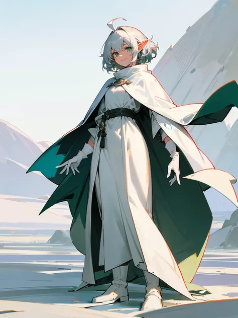 Elf, silver hair,short hair, medium cut, ahoge, curly hair,green eyes,slender, fair skin, cool Smile, robe, cloak, White gloves, long boots, pants, on the salt flat, standing