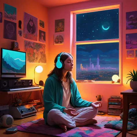 European Hippie Girl meditating in her room, dreaming, Wear headphones, night lights, Neon landscape on a rainy day, Analog Color Theme, Lo-Fi Hip Hop , retrospective, flat, 2.5D ,Draw a line, Ink Drawing, Large slope, Watercolor painting, Goosch Colors, S...