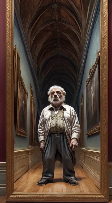 Museum, large hall with many framed photos. The old man falls to the hall floor under the painting.
The girl from the picture looks at the old man and offers him (literally) her hand from the picture to motion him to stand up