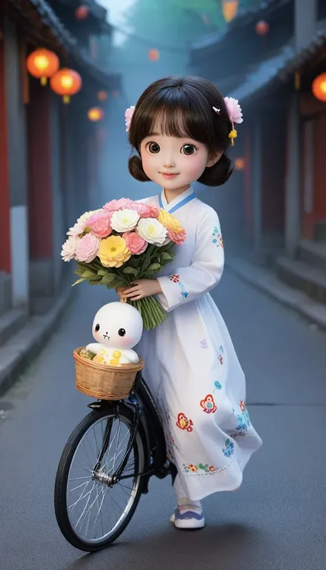 There is a girl riding a bicycle，holding a bouquet of flowers in hand, Cute cartoon character, Lovely digital art, Hungry Ghost Festival, Cute cartoon, Cartoon cute, Popular topics on cgstation, Lovely and detailed digital art, Lovely art style, cute and b...