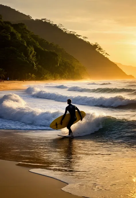 Located on Maresias Beach in Brazil、At dusk、Surfing、1 person、male、Riding the wave