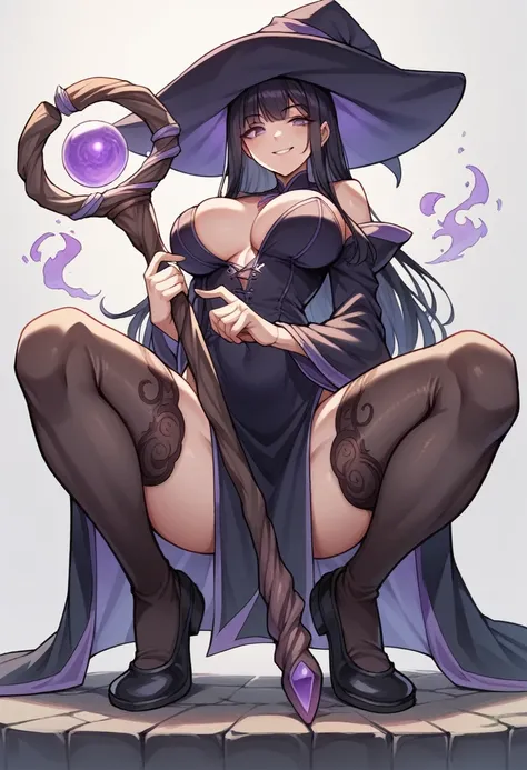 long black hair, straight hair, purple eyes, witch hat, magic staff, perfect body, sexy, rpg witch, fantasy witch, wizar robe, 25 years old, black clothes, black and purple palette, adult woman, round breasts, sorceress attire, smiling, seductive, bangs, s...