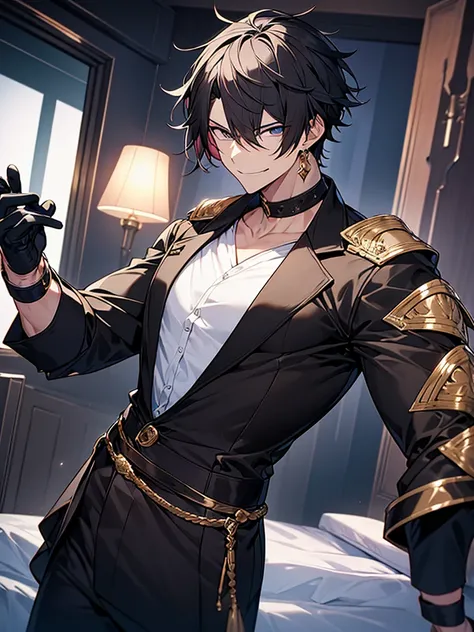 Portrait Shot、Villain、modern、night、Apartment room、He has a bad appearance、Lean and muscular、Short cropped hair、Gold and black hair、A mean smile、White shirt、