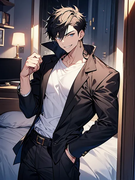 Portrait Shot、Villain、modern、night、Apartment room、He has a bad appearance、Lean and muscular、Short cropped hair、Gold and black hair、A mean smile、White shirt、