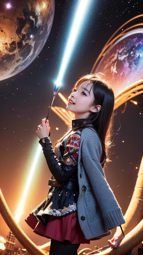 floating in space、whole body、reach out, highest quality, Highly detailed CG integrated 8k wallpaper, movie lighting, Lens flare, beautiful detail eyes, black,  Side view,  multicolored hair, Rich and colorful light, particle, 16 years old、girl、laugh fearle...