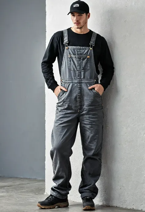 guy wearing work overalls and black cap , full body , leaning on the wall , black tshirt , one hand behind his neck