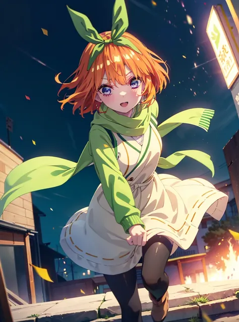 Yotsubanakano, Yotsuba Nakano, bangs, short hair, blue eyes, Hair between the eyes, hair ribbon, hair band, Orange Hair, (Green ribbon:1.5), smile,Green long coat,sweater,White scarf,Long skirt,Black pantyhose,short boots,It&#39;s snowing,Snow is piled up,...