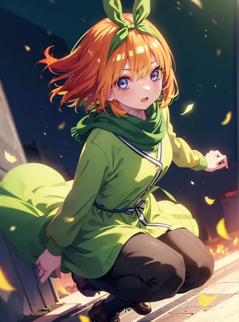 Yotsubanakano, Yotsuba Nakano, bangs, short hair, blue eyes, Hair between the eyes, hair ribbon, hair band, Orange Hair, (Green ribbon:1.5), smile,Green long coat,sweater,White scarf,Long skirt,Black pantyhose,short boots,It&#39;s snowing,Snow is piled up,...