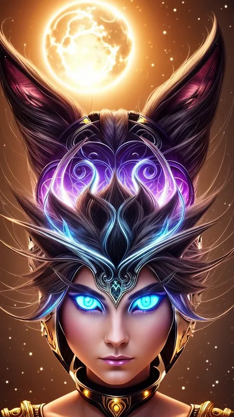 A galactic cat with a lot of hair on its head, The Third Eye, Staring at something in the distance, Intricate details,  electrical, Fantasy Art, Anatole Finstock, Latex paint, Very detailed, Misty Rutkoski, Human Development Report, Ultra Detailed, Rim Lig...