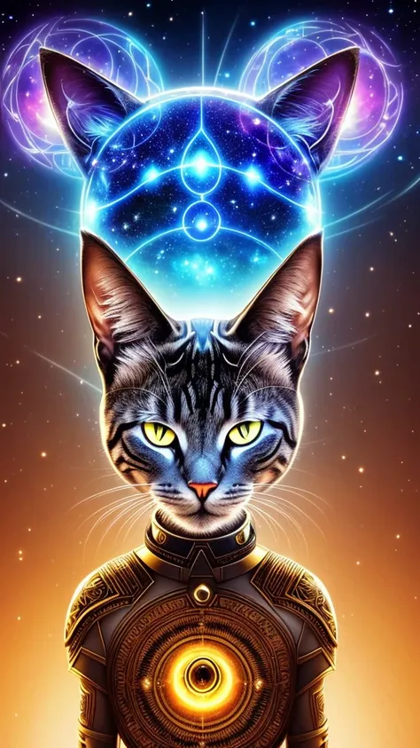 A galactic cat with a lot of hair on its head, The Third Eye, Staring at something in the distance, Intricate details,  electrical, Fantasy Art, Anatole Finstock, Latex paint, Very detailed, Misty Rutkoski, Human Development Report, Ultra Detailed, Rim Lig...