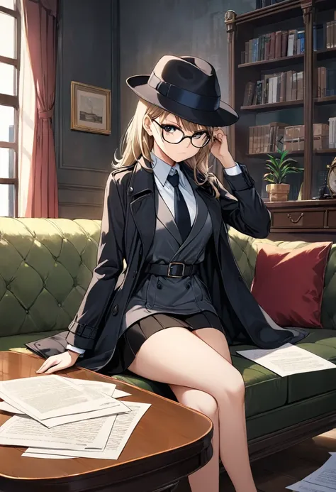 masterpiece, best quality, 16k, 2.5D, 1 girl ( black trench coat, suit, skirt, fedora, glasses, cross-legged, sitting on sofa, necktie, serious, detective), ( table, papers on table ), window, ofice background, hand