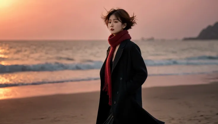 8K, 超high resolution, best quality, masterpiece, 1 woman, (36 years old:1.3), Korean woman,(wearing a long winter coat and scarf、Thin black double sided updo :1.5)、(The woman turned around with a very sad expression., 겨울 해변에서 바람에 휘날리는 short medium hair, he...