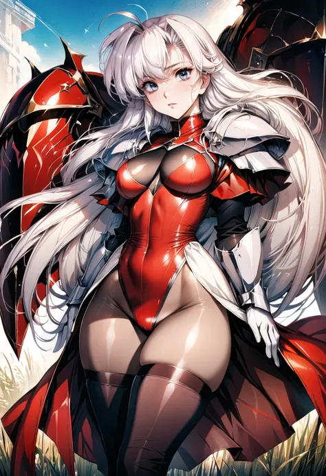 ((highest quality)), ((masterpiece)), ((hyperrealistic)), (detailed background), 1girl, ((curvy: 1.2)), ((lame red leotard)), ((catsuit leotard)), (knight armor), (See-through long skirt dress), cloak de cour, gauntlet, gloves, white hair, ahoge, (large br...