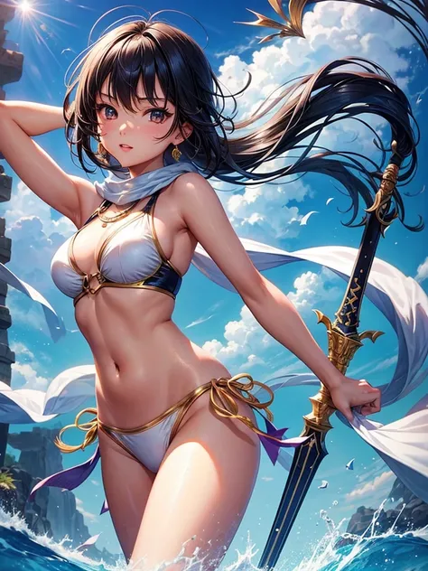 Beautiful Asian girl, 18 years old, light bikini knight girls, sexy lady, medium breasts, camel toe, long sword,