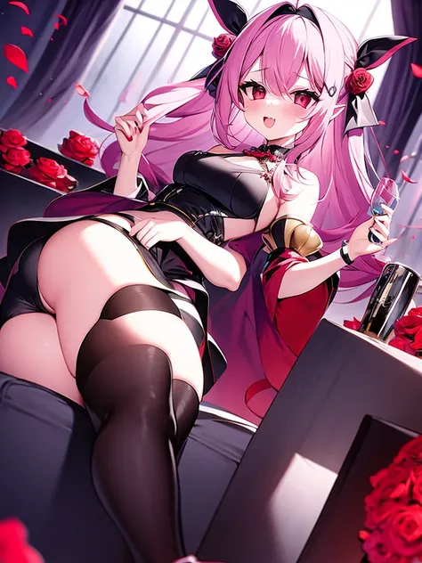 1girl, alcohol, cup, detached sleeves, drinking glass, flower, pink hair, pointy ears, purple flower, purple rose, red eyes, red flower, red rose, rose, rose petals, sitting, solo, thighhighs, vampire, wine glass, miniskirt, dress, เขี้ยวยาว, นั่งกางขา, กา...