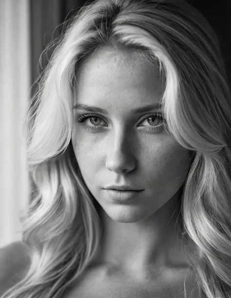 b&w, instagram photo, portrait photo of 26 y.o blonde woman, perfect detailed eyes, natural skin, hard shadows, film grain