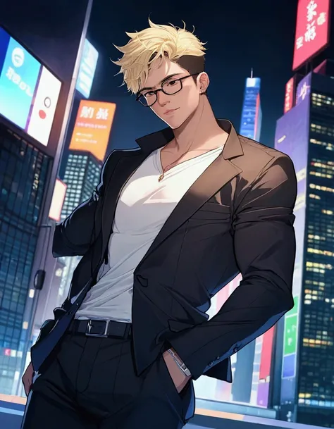 Portrait Shot。Have a professional camera:1.9、Villain、modern、night、Apartment room、He has a bad appearance、Black-rimmed glasses、Dark circles under the eyes:1.3,Lean and muscular、Short cropped hair、Blonde、Guess、White shirt、