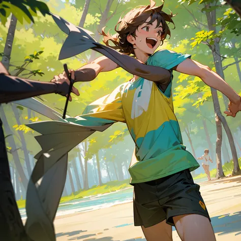  [High quality] [masterpiece] [mind blowing]  "A man playing sport and laughing and enjoying valuable memories woth friends near a forest or beach 