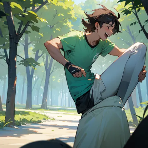  [High quality] [masterpiece] [mind blowing]  "A man playing sport and laughing and enjoying valuable memories woth friends near a forest or beach 