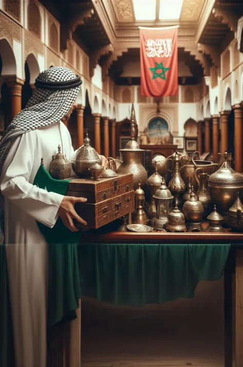 A man standing in front of a table wearing Arab clothing