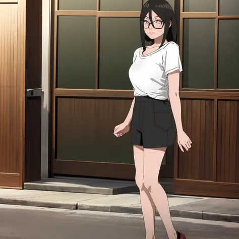 masterpiece, Very detailed, best quality, Ultra-high resolution, 1 Girl, Solitary, (completion), (small breast), breast,    (Oversized shirts，Open neckline，Black half-rimmed glasses ), (Hyuga Hanabi:1), (shorts | Pants | mini skirt), cleveage, From the fro...