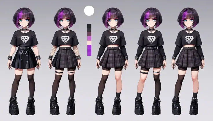 Solo, score_9,score_8_up,score_7_up, source_girl, goth girl, teenage female, black hair, goth style hair, black bike shorts, 1.3, goth makeup, plaid skirt and fishnet, wearing goth clothes, goth, emo, goth outfit, standing, solo, full body, blue eyes, blac...