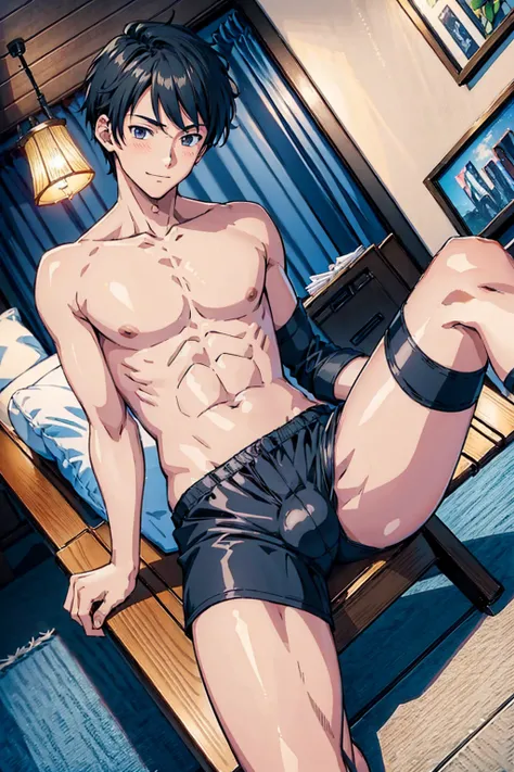 ((8K:1.2),masterpiece, Highest quality, Ultra-high resolution:1.25) beautiful boy anime face, sweet body, no muscular body, 16 old a boy, high school student boy, face and body emphasis, gay anime hentai, tall boy, no underwear, bedroom alone, sexy pose, b...