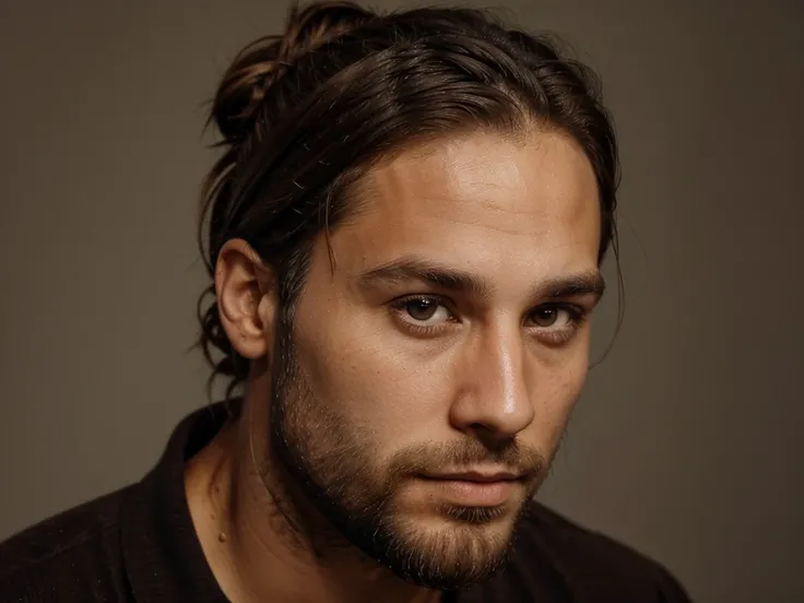 29 year old man, brown hair tied in a bun, photo de profil, Brown eyes, 5 day beard 