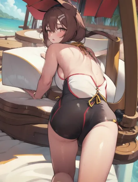 1.5),(girl),(Dynamic pose),Brown Hair,(Vermilion eyes),(first round),Big Breasts,Swimwear