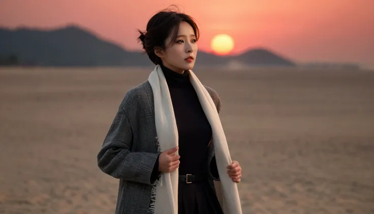 8K, 超high resolution, best quality, masterpiece, 1 woman, (36 years old:1.3), Korean woman,(wearing a long winter coat and scarf、turtleneck, Thin black double sided updo :1.5)、(The woman turned around with a very sad expression., 겨울 해변에서 바람에 휘날리는 short med...