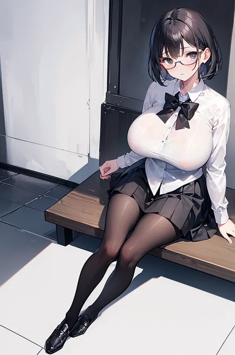 1 girl, glasses, (full body:1.2), sitting, (angle from below:1.1), (angle from the side:1.1), blush, (slim body:1.2), (huge breasts:1.5), (slender and long legs:1.1), black hair, short hair, white long sleeve shirt, pleated skirt, (black tights:1.1), black...