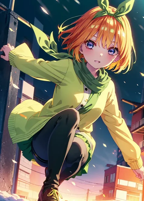 Yotsubanakano, Yotsuba Nakano, bangs, short hair, blue eyes, Hair between the eyes, hair ribbon, hair band, Orange Hair, (Green ribbon:1.5), smile,Green long coat,sweater,White scarf,Long skirt,Black pantyhose,short boots,It&#39;s snowing,Snow is piled up,...