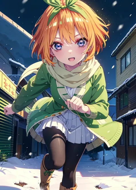 Yotsubanakano, Yotsuba Nakano, bangs, short hair, blue eyes, Hair between the eyes, hair ribbon, hair band, Orange Hair, (Green ribbon:1.5), smile,Green long coat,sweater,White scarf,Long skirt,Black pantyhose,short boots,It&#39;s snowing,Snow is piled up,...