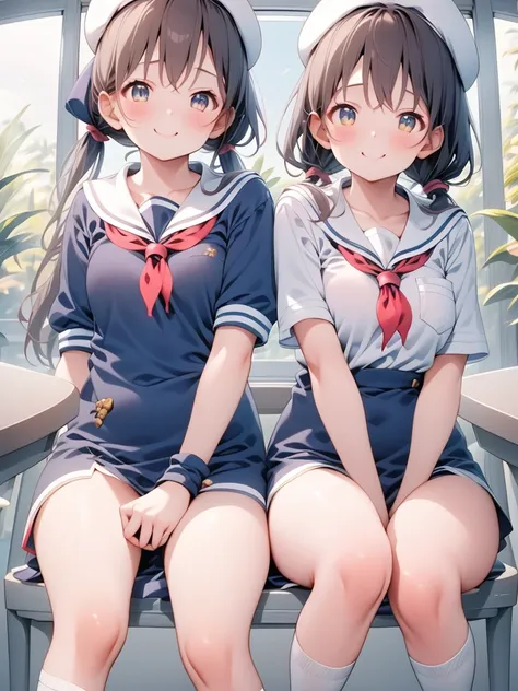 masterpiece、Highest quality、Ultra-high resolution、Big tits teen 、Twin tail hairstyle、Black Hair、Red face、mock、Open your mouth just a little、Short-sleeved sailor 、 for teenage schoolgirls、Knee-high socks for teenage girls、White beret for teenage girls、In th...