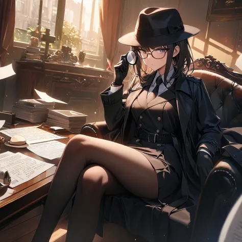 masterpiece, best quality, 8k,1 girl ( black trench coat, suit, skirt, fedora, glasses, cross-legged, sitting on sofa, necktie, gloves, right hand hold magnifier:1.2, serious), ( table, papers on table ), window, ofice background,