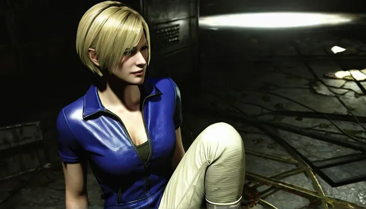 1girl, Sherry Birkin (Resident Evil 6), blonde hair, short hair, vault jumpsuit (fallout games), high resolution, masterpiece