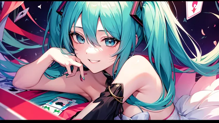 Hatsune Miku、Anime characters、smile、Surrounded by joker cards