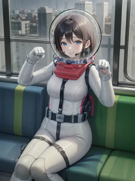 space helmet, (cinematic scene, sitting on a chair, train interior, , city view, night view: 1.5), space helmet, eva helmet, spa...