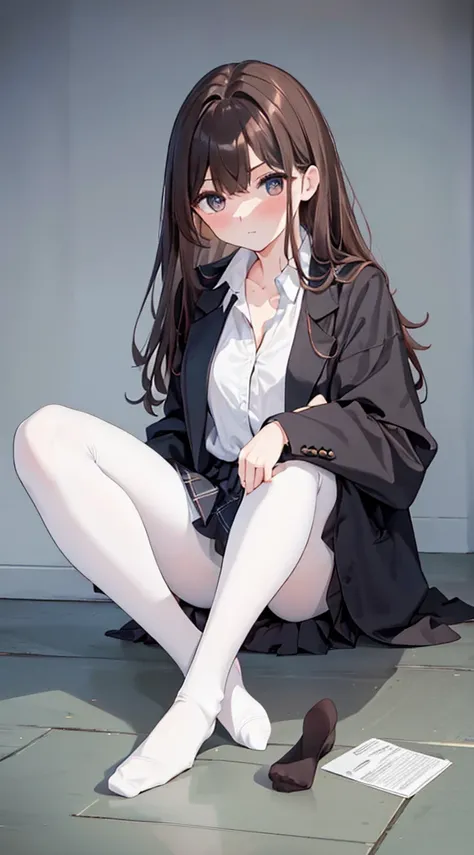 Top quality, masterpiece, High resolution, (Head to toe full body), front, frontやや下からの構図, Symmetric, Tall 18 year old girl, alone, (Head to toe), (Small breasts), bangs, (black tights), (Black Pantyhose), (Sit with your legs apart), (Crouching pose), (A co...