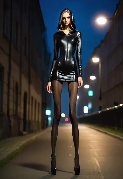 skinny tall, skinny narrow girl. длинные тонкие ноги in heels с платформой. wearing full body black pantyhose nude body hood. on...