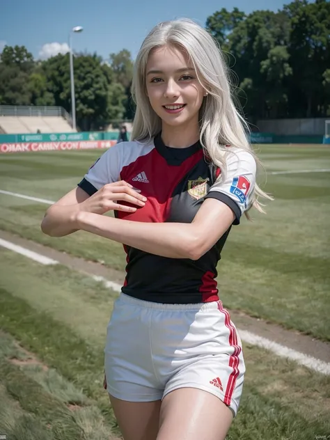 (photos of the super beautiful white-haired russian female soccer players:1.2)(sexiest women in eastern europe)(grinning,a big s...