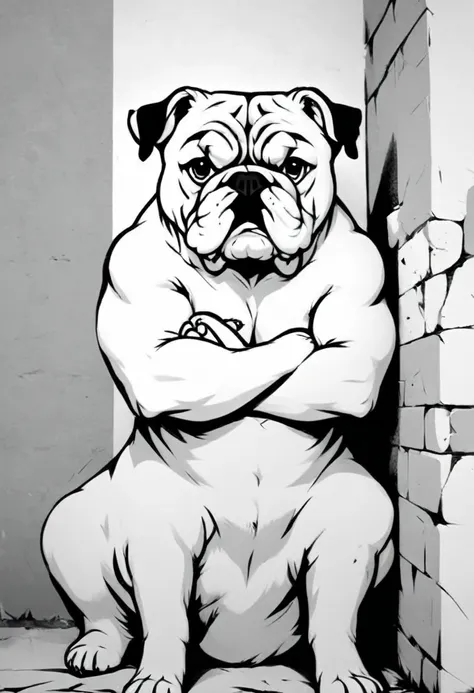 low quality, ((one bulldog)), upper body, center, front, arms crossed, smash through walls, background white, monotone,