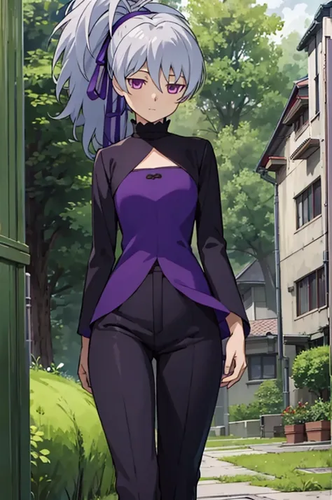 masterpiece, best quality, game cg, 1girl, solo, looking at viewer, , depth of field, ligne claire, , yin_darker_than_black, grey hair, purple eyes, ponytail, pants, , A magical kingdom where everything is perfect and everyone is happy, 32k resolution