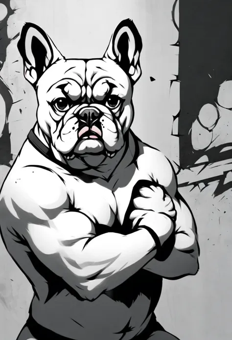 low quality, ((one bulldog)), upper body, center, front, arms crossed, smash through walls, background white, monotone,