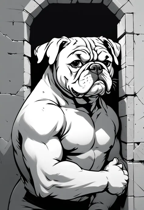 low quality, ((one bulldog)), upper body, center, front, arms crossed, smash through walls, background white, monotone,